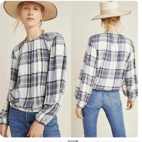 Anthropologie Cloth & Stone XS Glacier Plaid Blouse White Blue Check - Picture 4 of 9